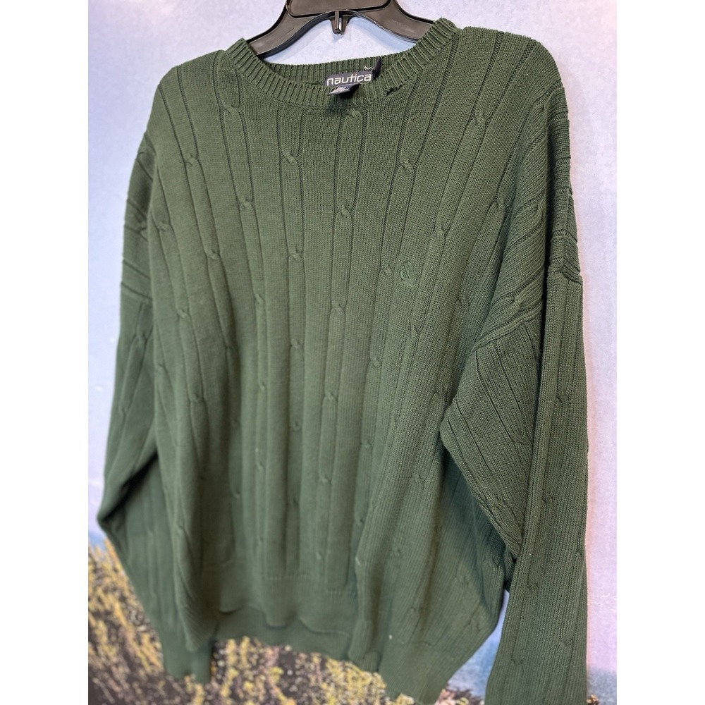 Nautica Sweater Men XL Green Pullover‎ Cable Knit Crew Neck Embroidered Logo